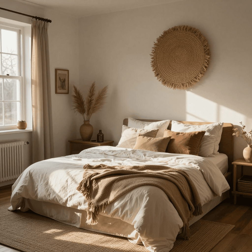 아침 햇살이 비치는 보헤미안 스타일 침실