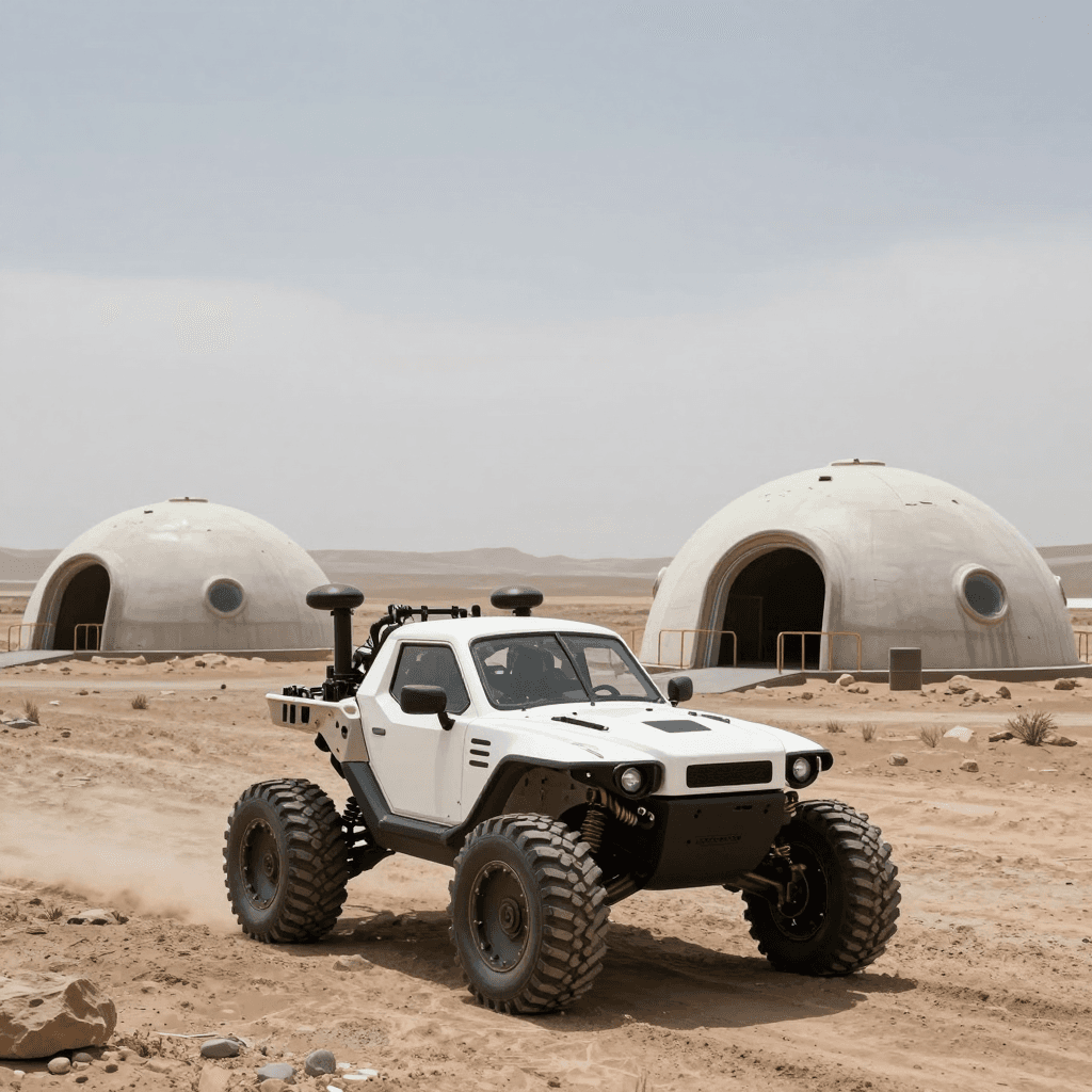 화성 식민지의 돔 형태 거주지와 로버