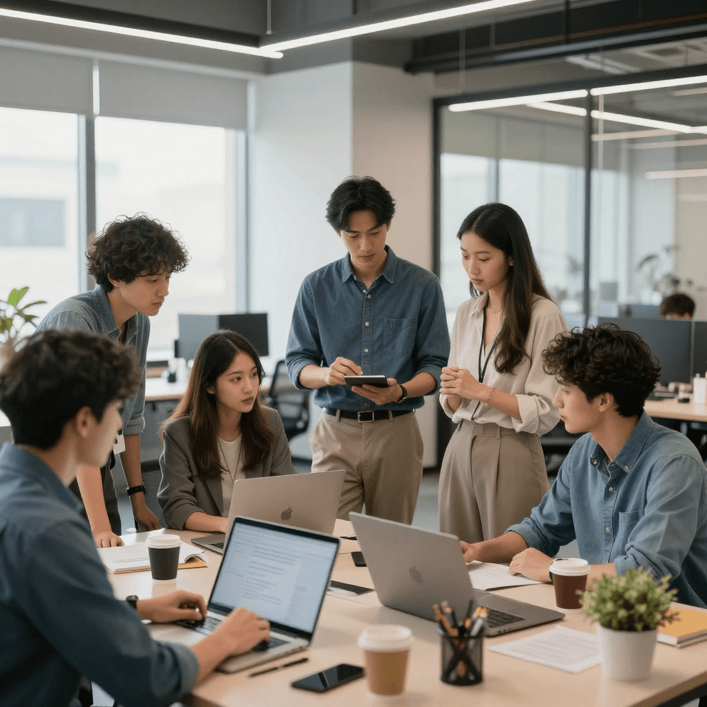 현대적인 사무실에서 협업하는 다양한 사람들