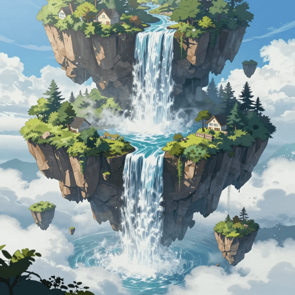 떠다니는 섬과 폭포가 있는 초현실적 풍경 (달리 스타일)