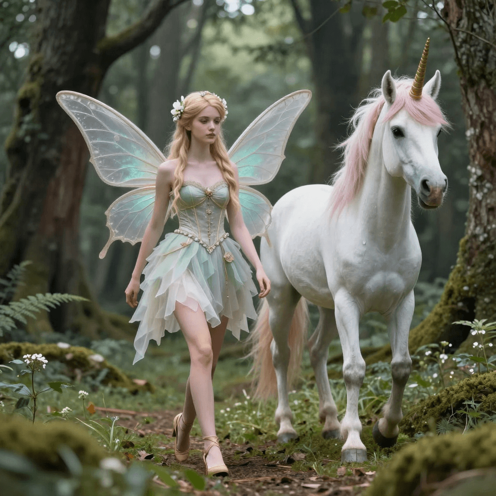 유니콘과 함께 숲속을 거니는 요정