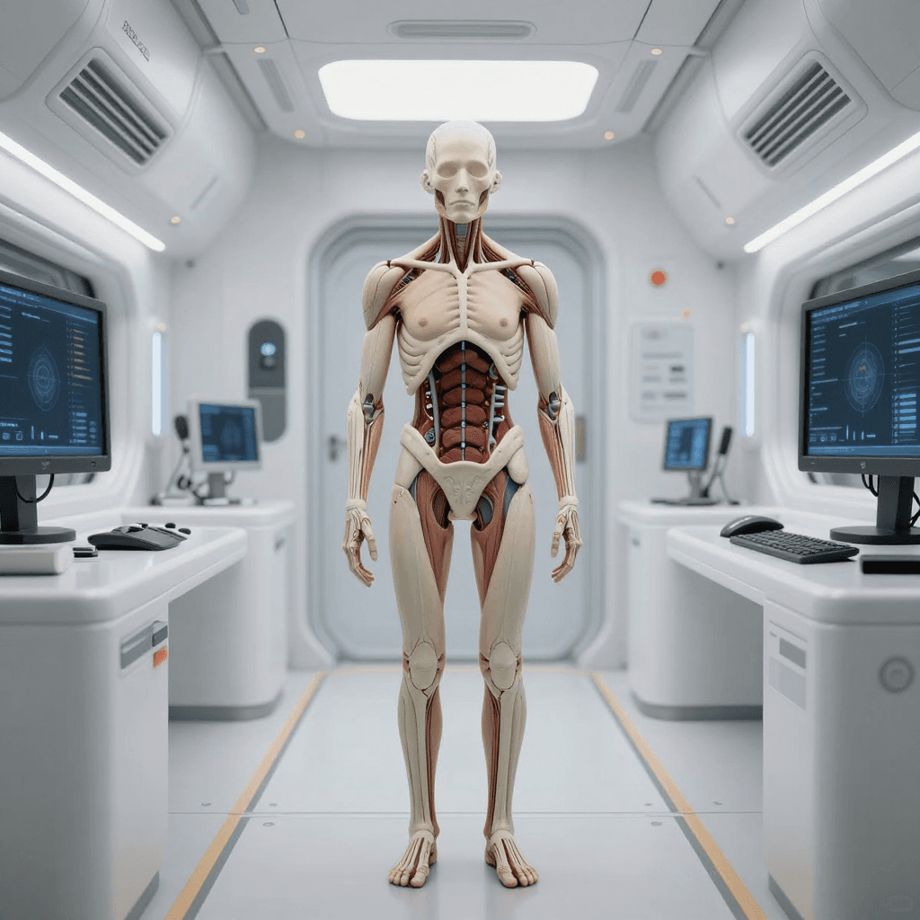 깔끔한 화이트 톤의 미래 우주 정거장 내부