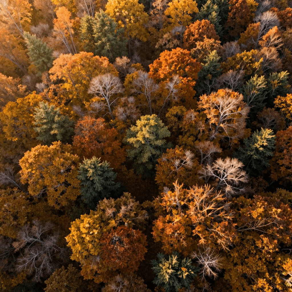 드론으로 촬영한 가을 단풍 숲의 항공 뷰