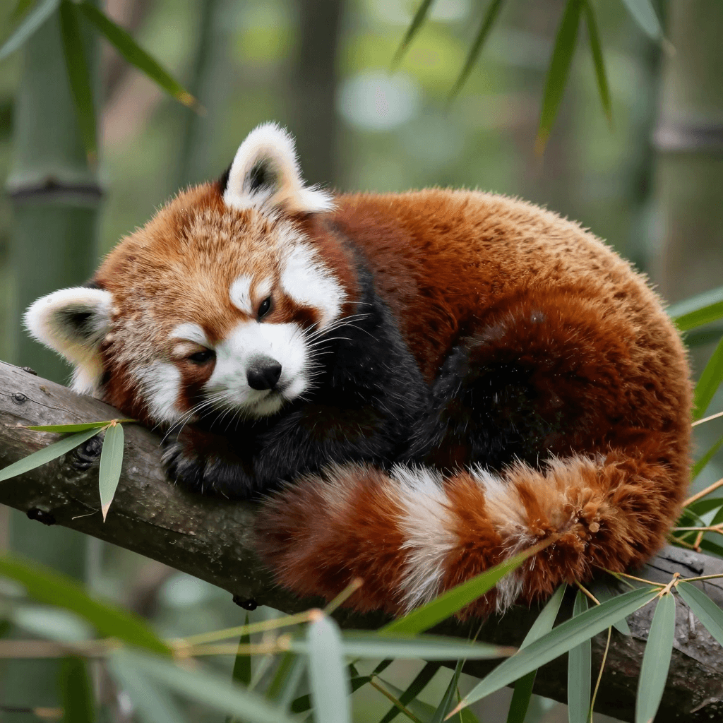 대나무 숲에서 낮잠을 자고 있는 귀여운 레서판다
