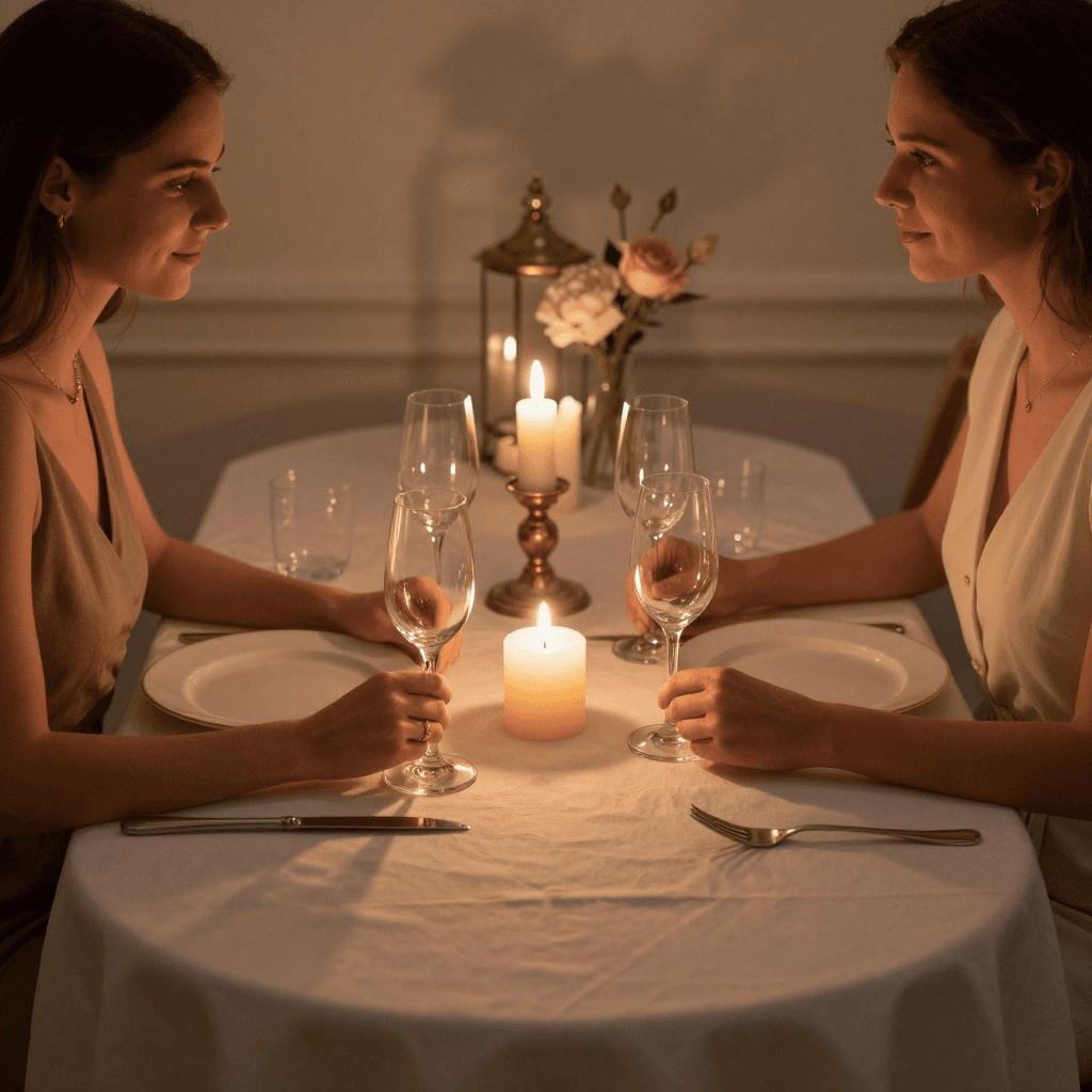 촛불이 켜진 로맨틱한 저녁 식사 테이블