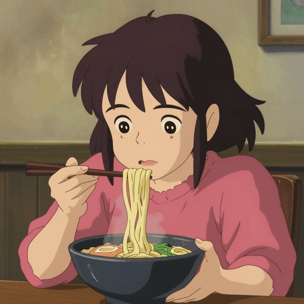 김이 모락모락 나는 지브리 스타일의 라멘을 먹는 소녀