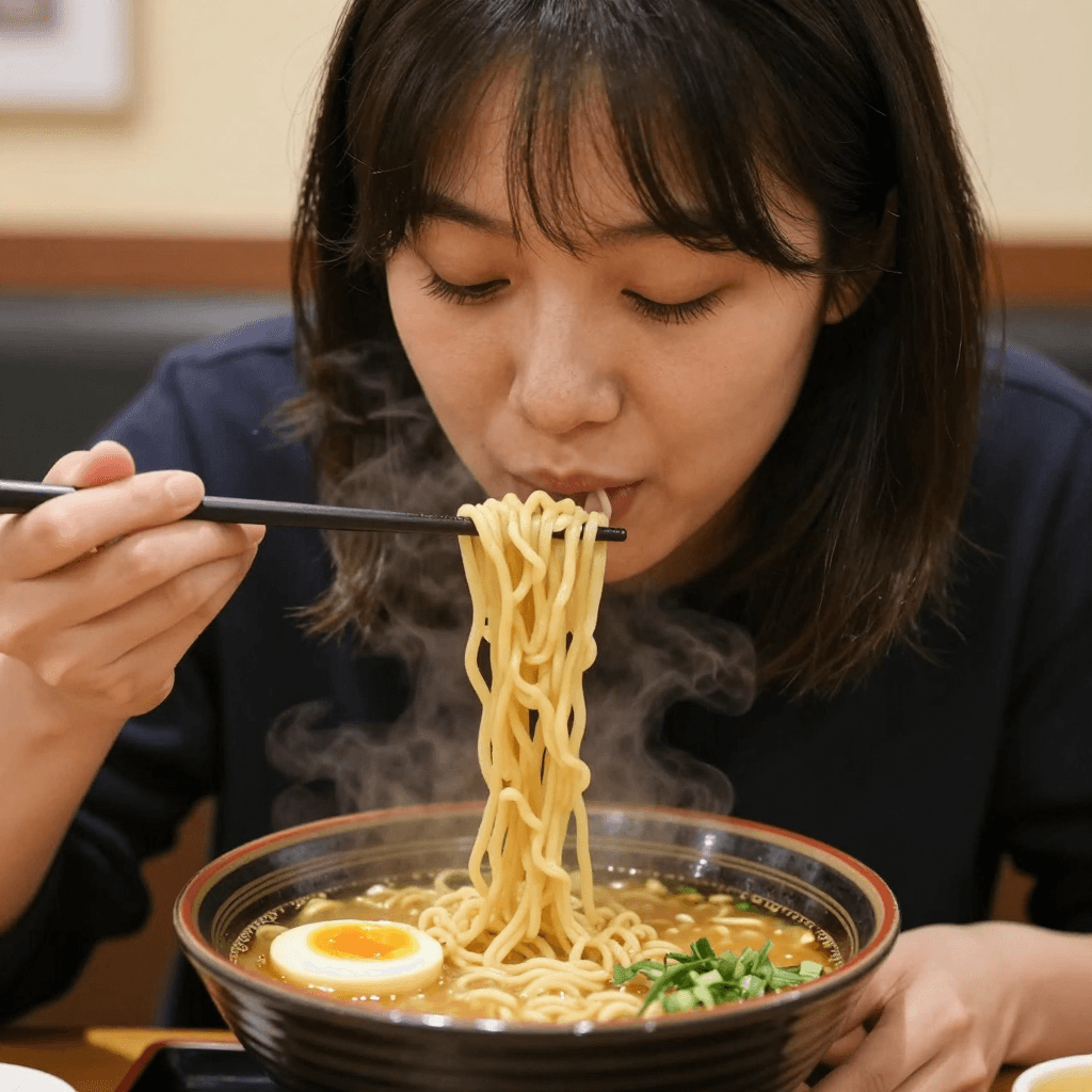 김이 모락모락 나는 실사 스타일의 라멘을 먹는 소녀