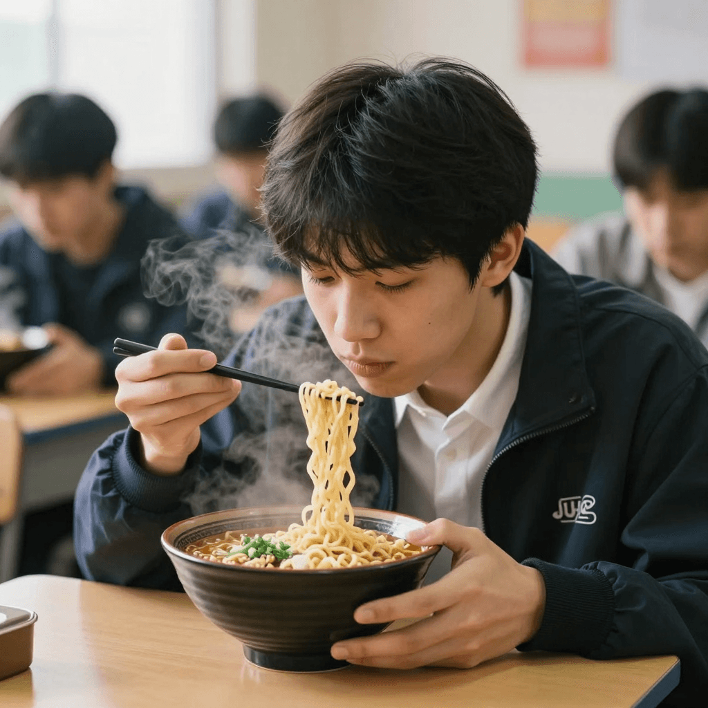 김이 모락모락 나는 실사 스타일의 라멘을 먹는 대학생