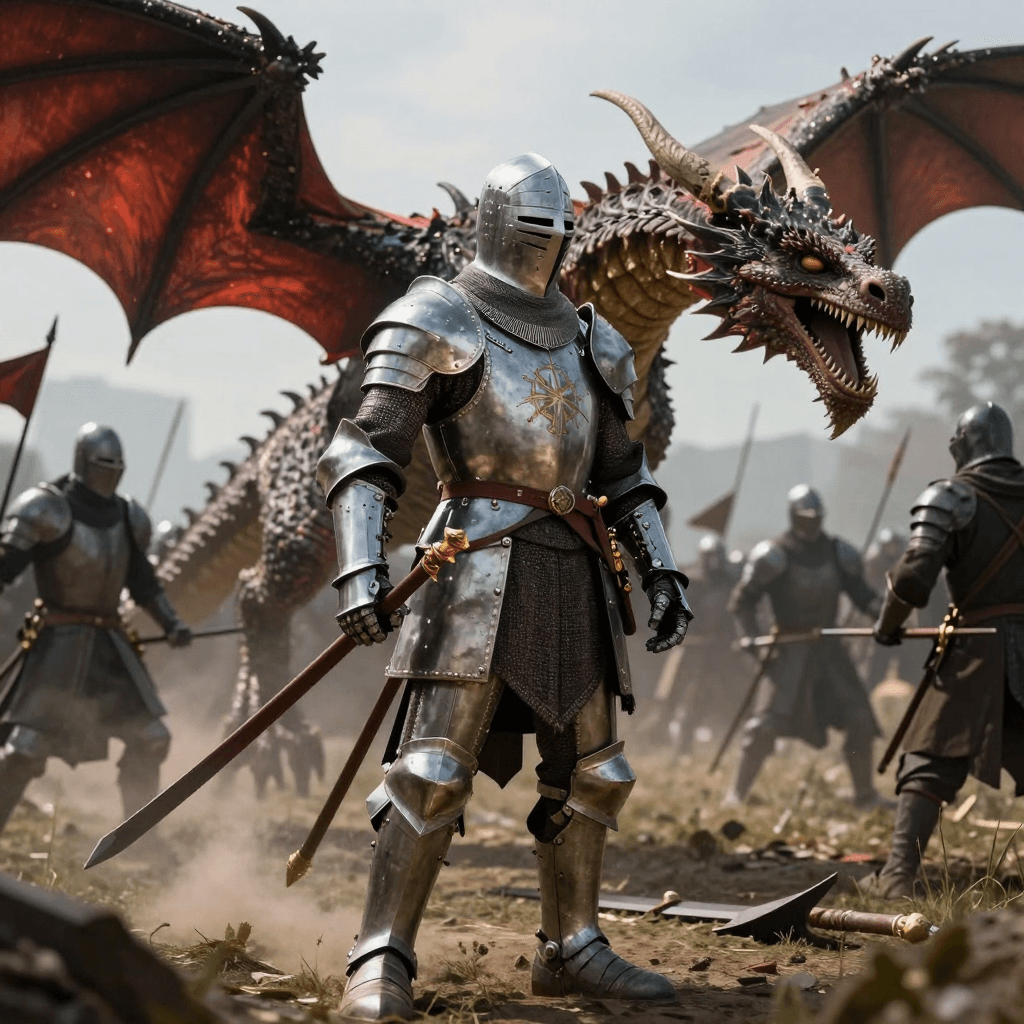 드래곤과 싸우는 중세 기사의 서사적 전투