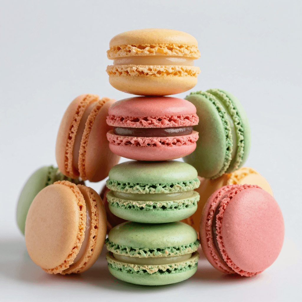 알록달록한 마카롱이 쌓여 있는 디저트 타워