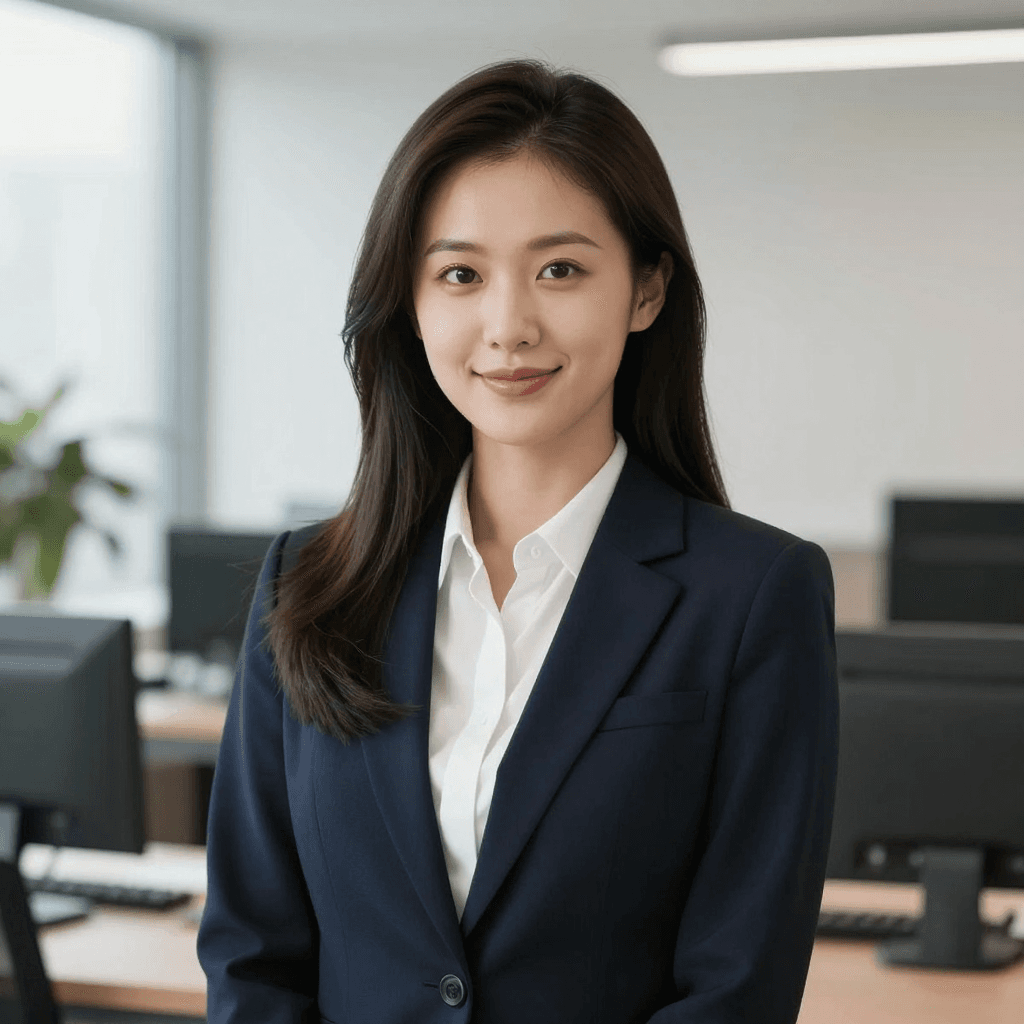 사무실 배경의 전문적인 여성 프로필 사진