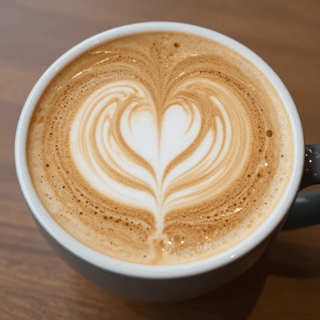 하트 모양 라떼 아트가 그려진 따뜻한 커피 한 잔