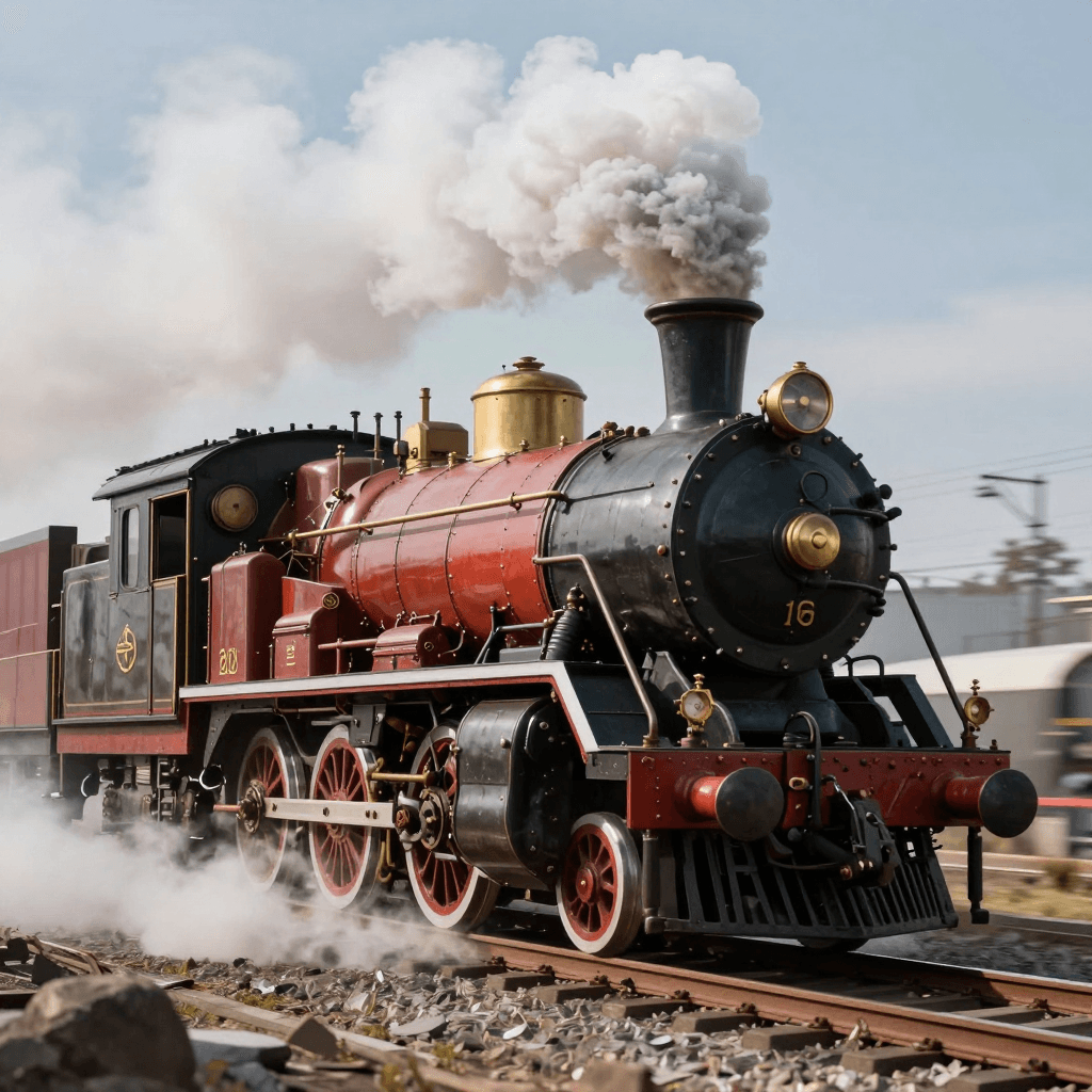 흰 연기를 내뿜으며 달리는 스팀펑크 증기 기관차