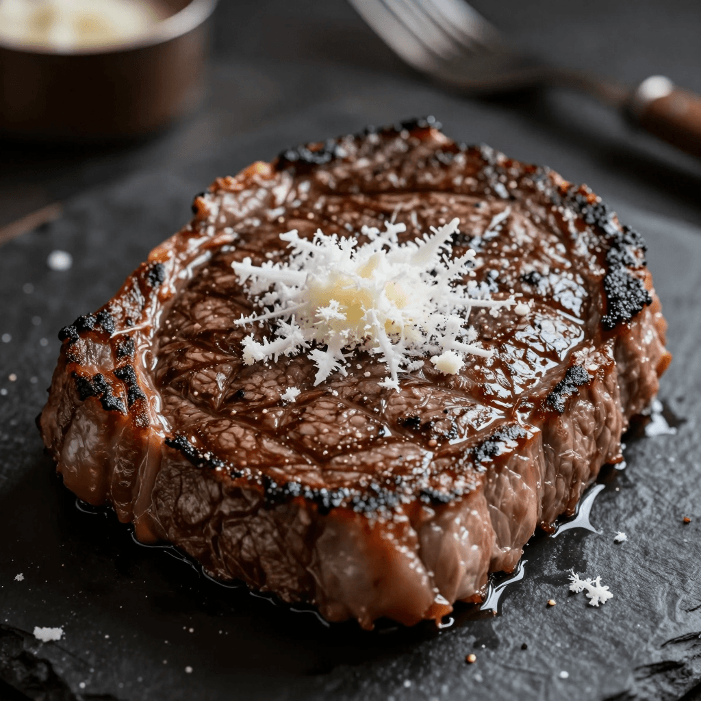 잘 익은 스테이크 위에 눈꽃 치즈