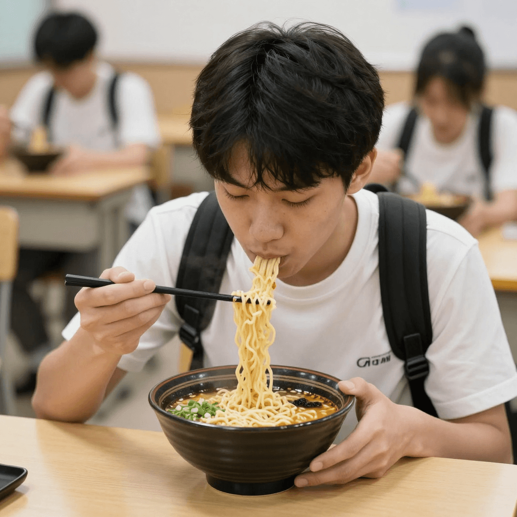 일본식 라멘을 먹는 대학생