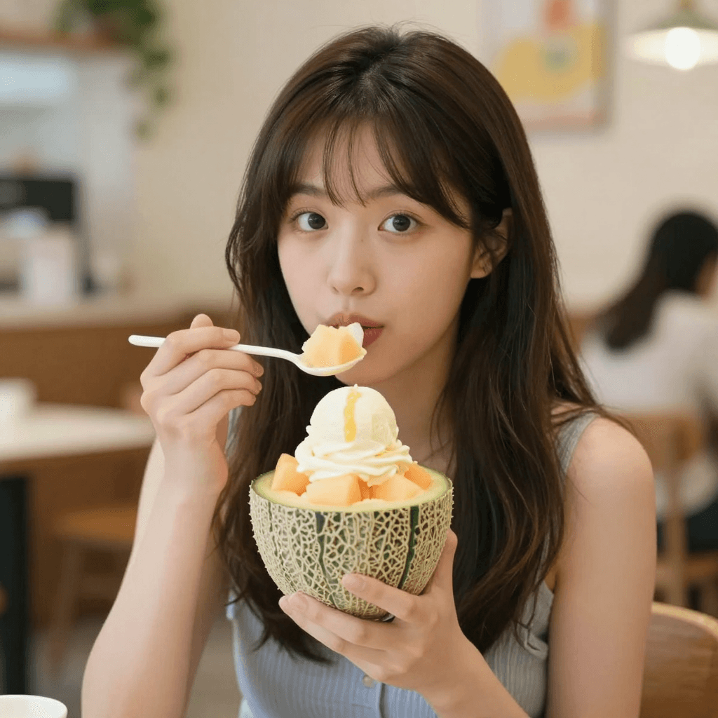 메론 아이스크림을 먹는 소녀