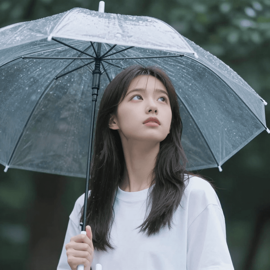 투명 우산을 쓰고 하늘을 보는 소녀