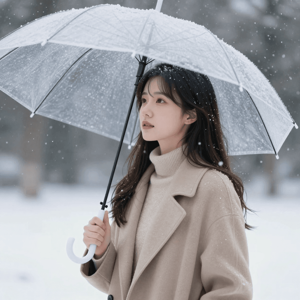 투명 우산을 쓰고 눈내리는 하늘을 보는 소녀