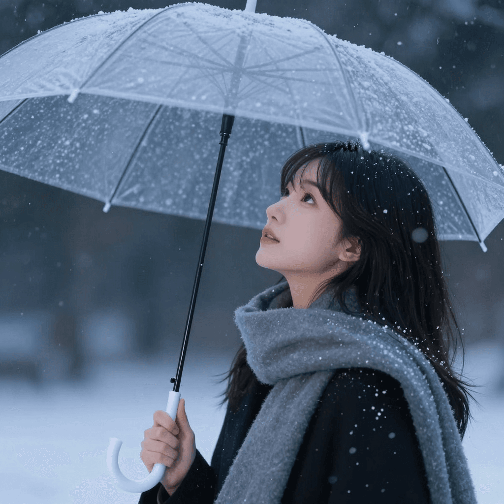 투명 우산을 쓰고 눈내리는 하늘을 보는 소녀