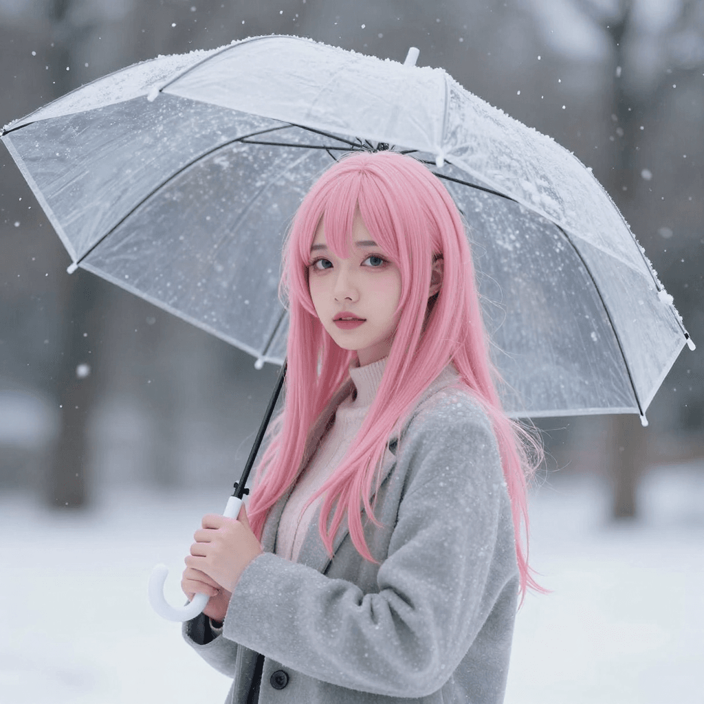 투명 우산을 쓰고 눈내리는 하늘을 보는 핑크 머리 소녀