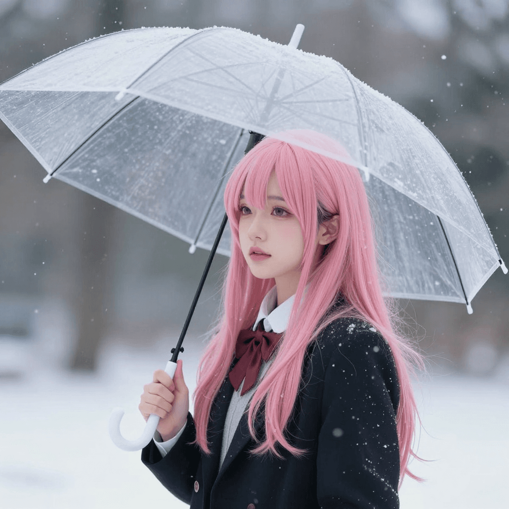 투명 우산을 쓰고 눈내리는 하늘을 보는 핑크 머리 소녀