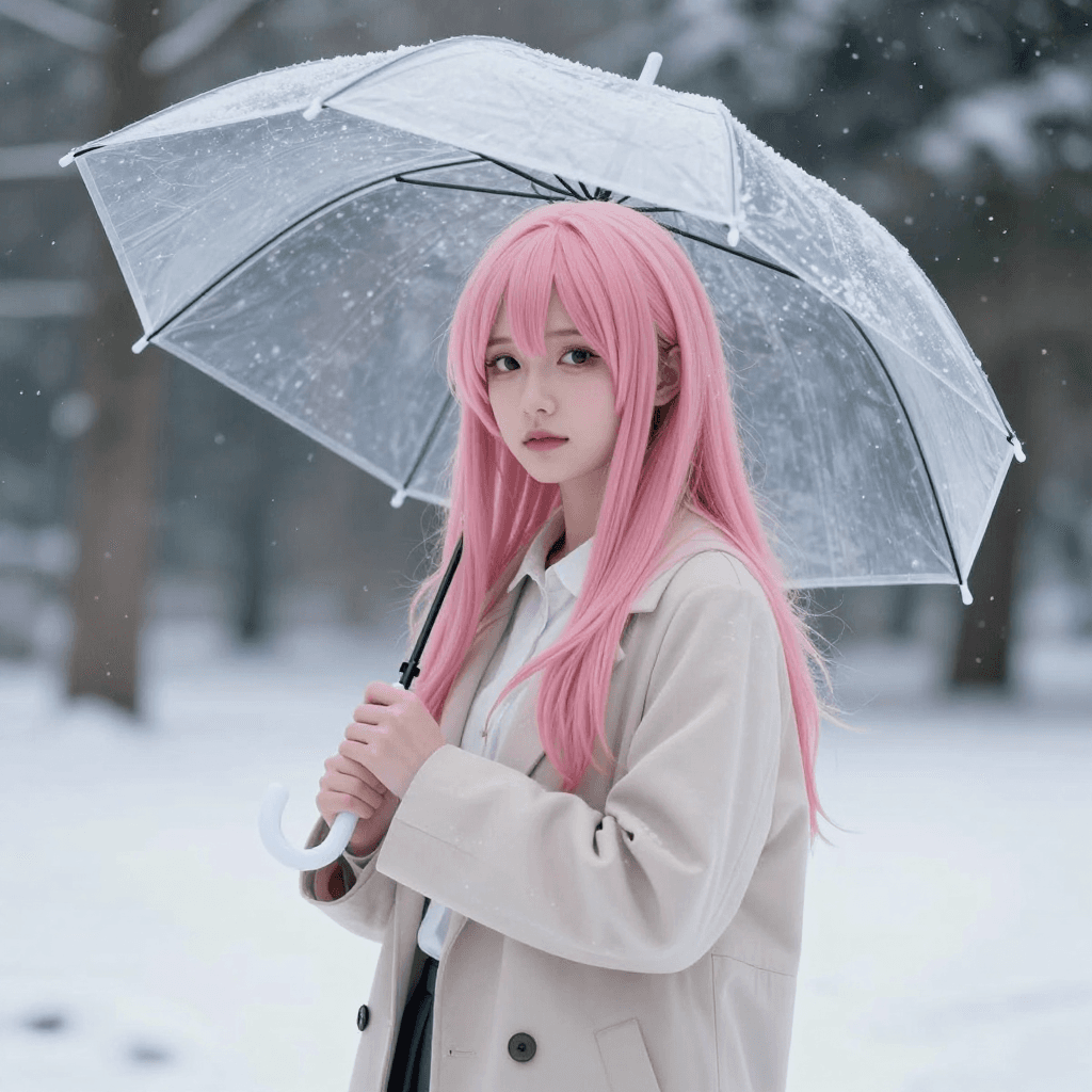 투명 우산을 쓰고 눈내리는 하늘을 보는 분홍 머리 소녀