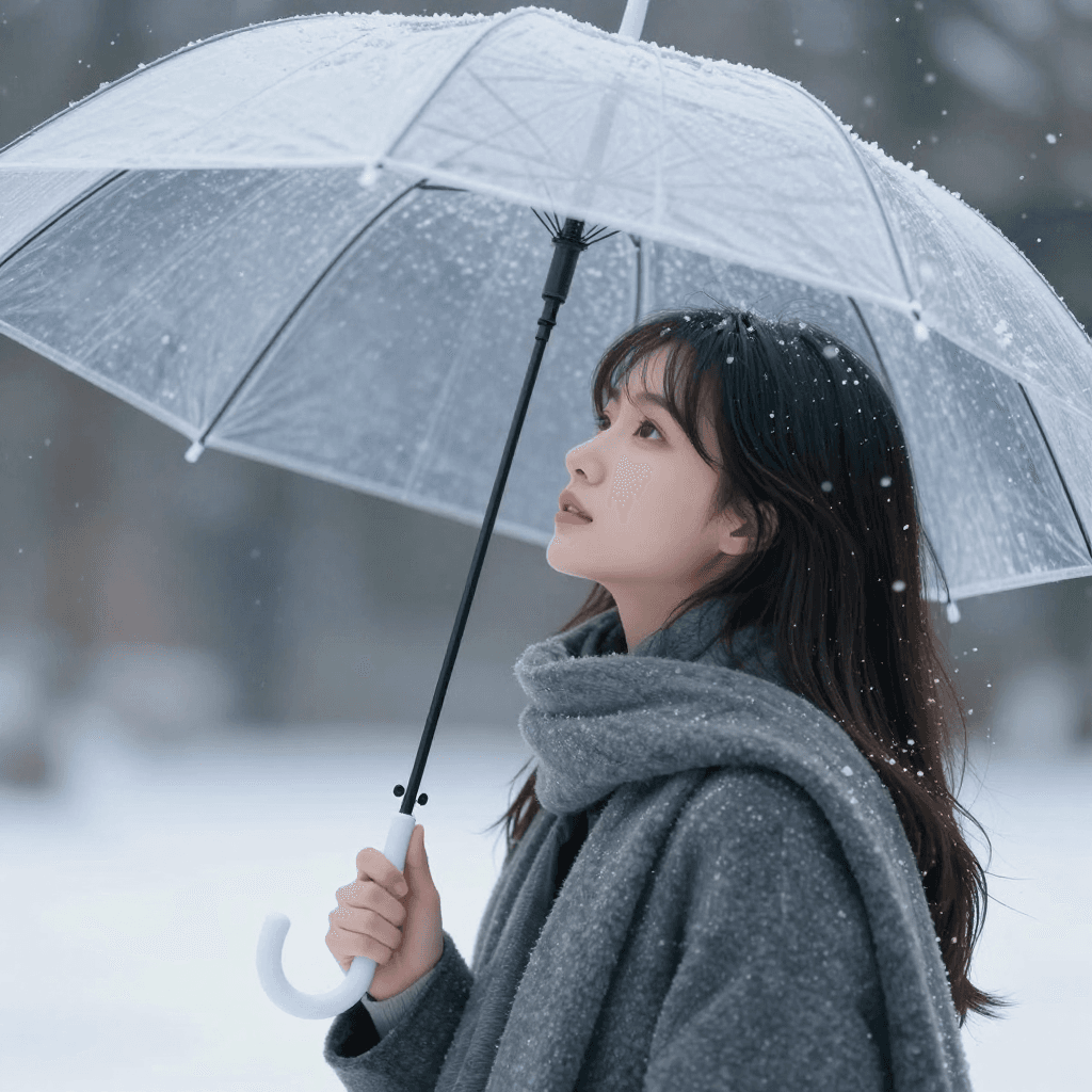투명 우산을 쓰고 눈내리는 하늘을 보는 머리 소녀