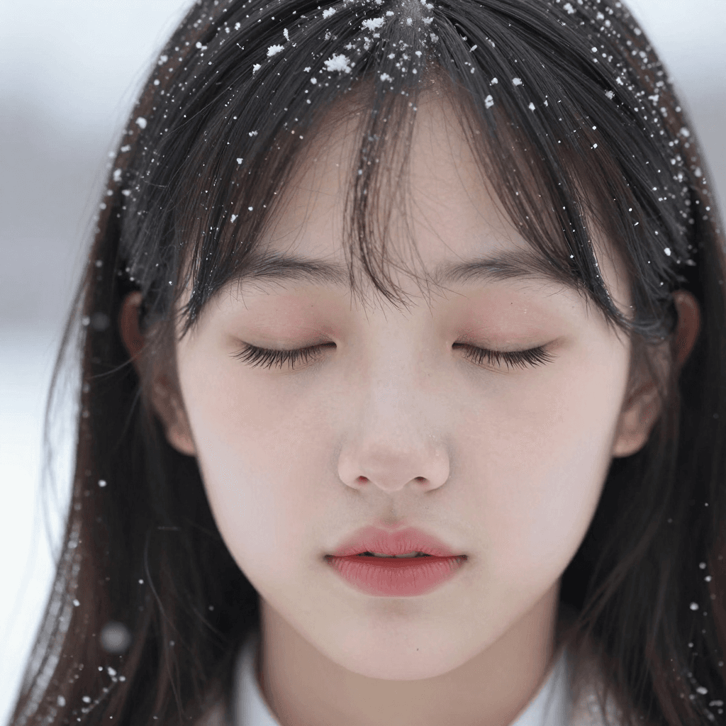 눈에 눈이 쌓인 소녀 클로즈업