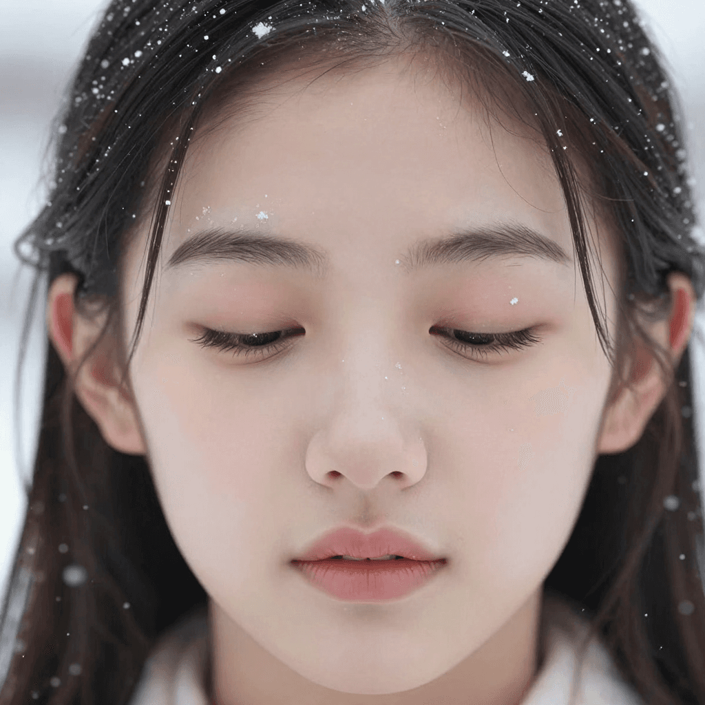 눈에 눈이 쌓인 소녀 클로즈업