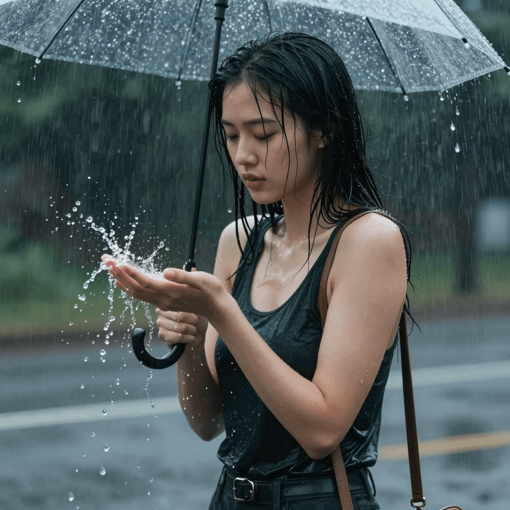 비오는 날 비를 맞는 여자