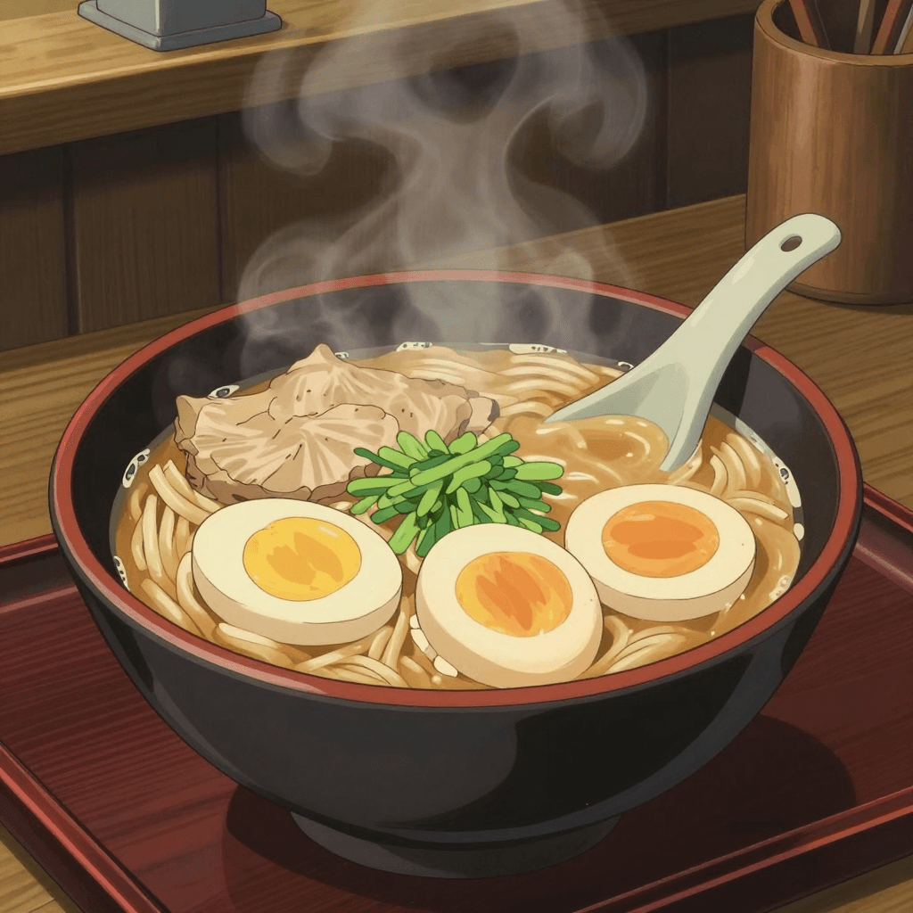 김이 모락모락 나는 지브리 스타일의 라멘