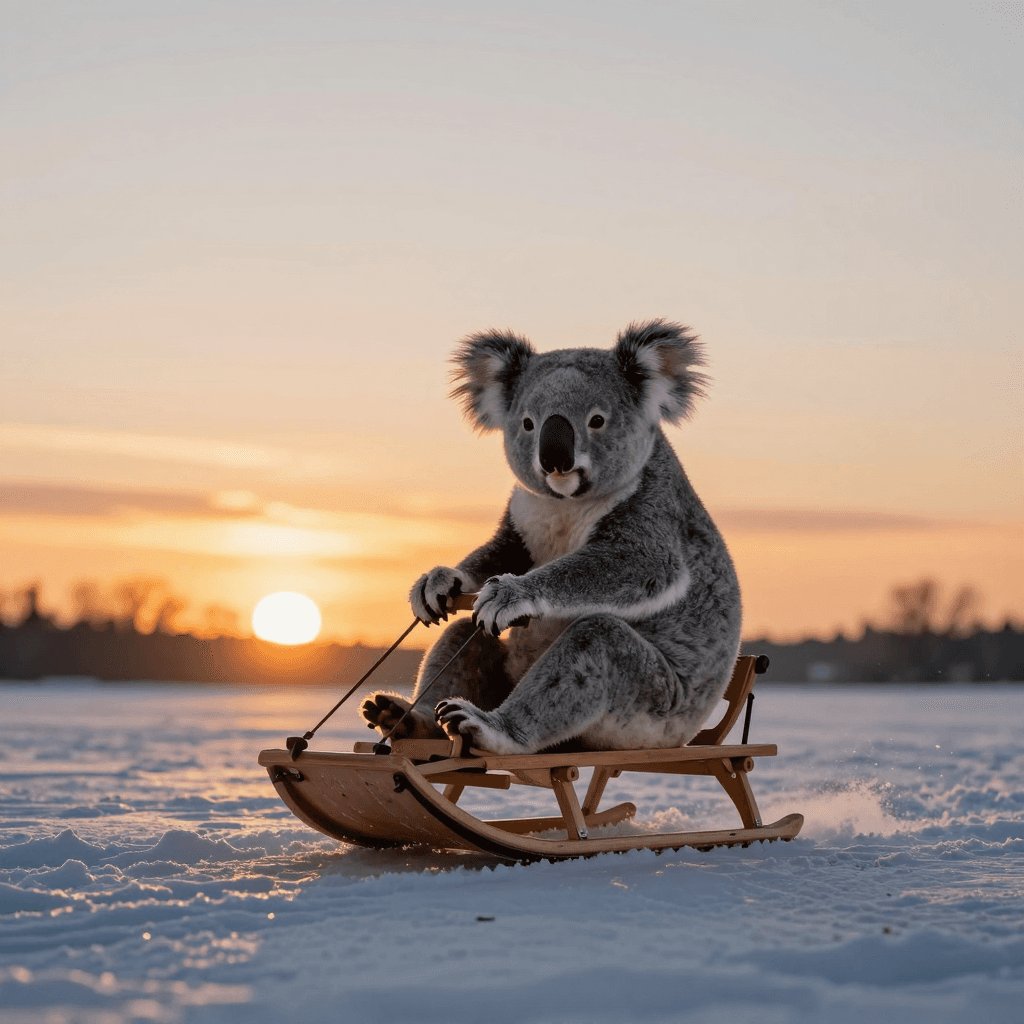 석양을 등지고 눈썰매 타는 코알라