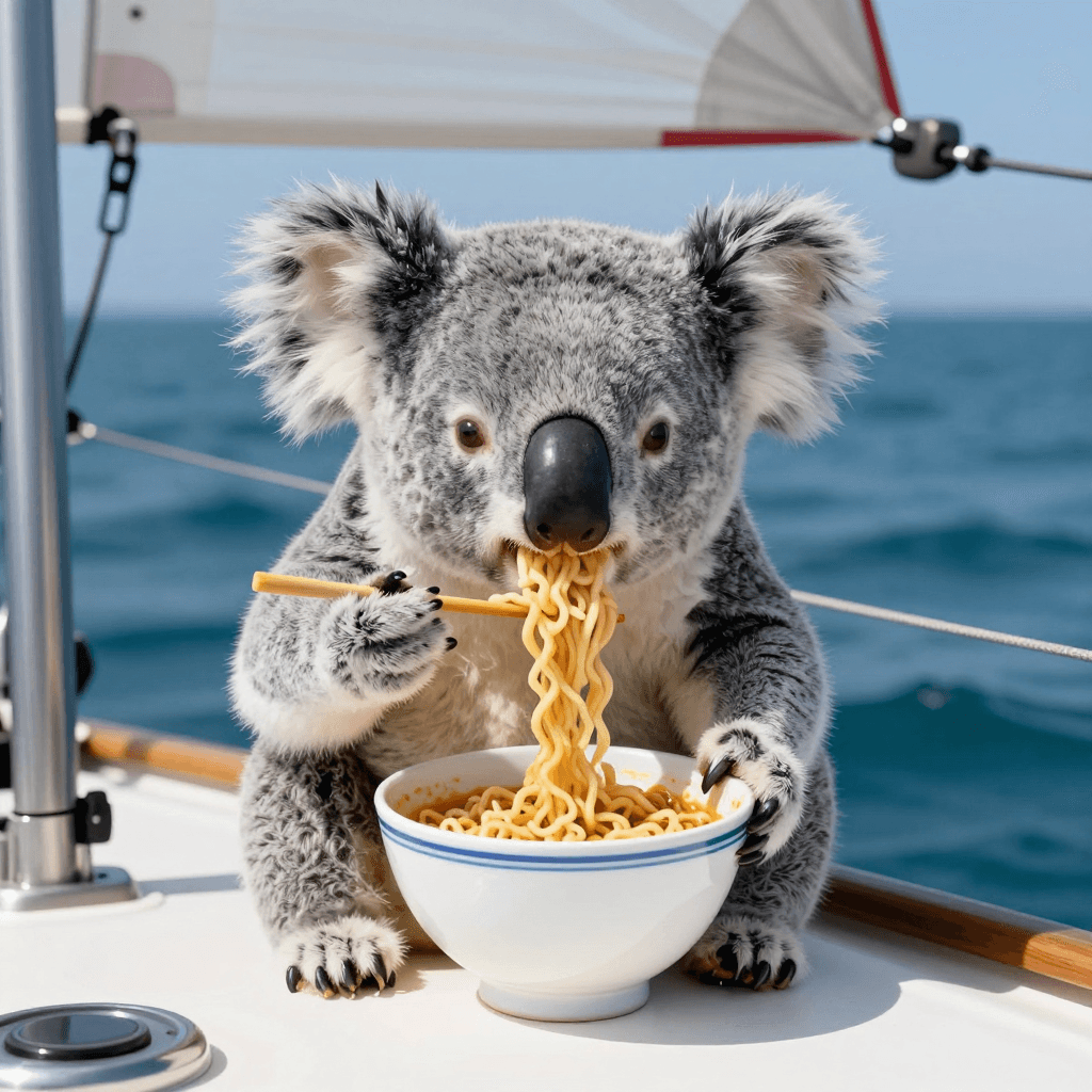 바다위에서 요트를 타는 코알라가 라면을 먹는다
