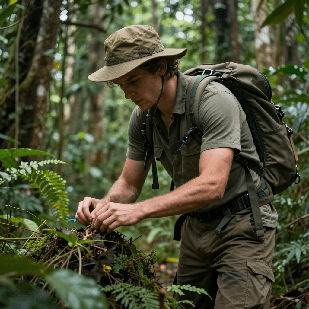 탐험가 모자를 쓰고 정글을 헤치고 나가는 남성