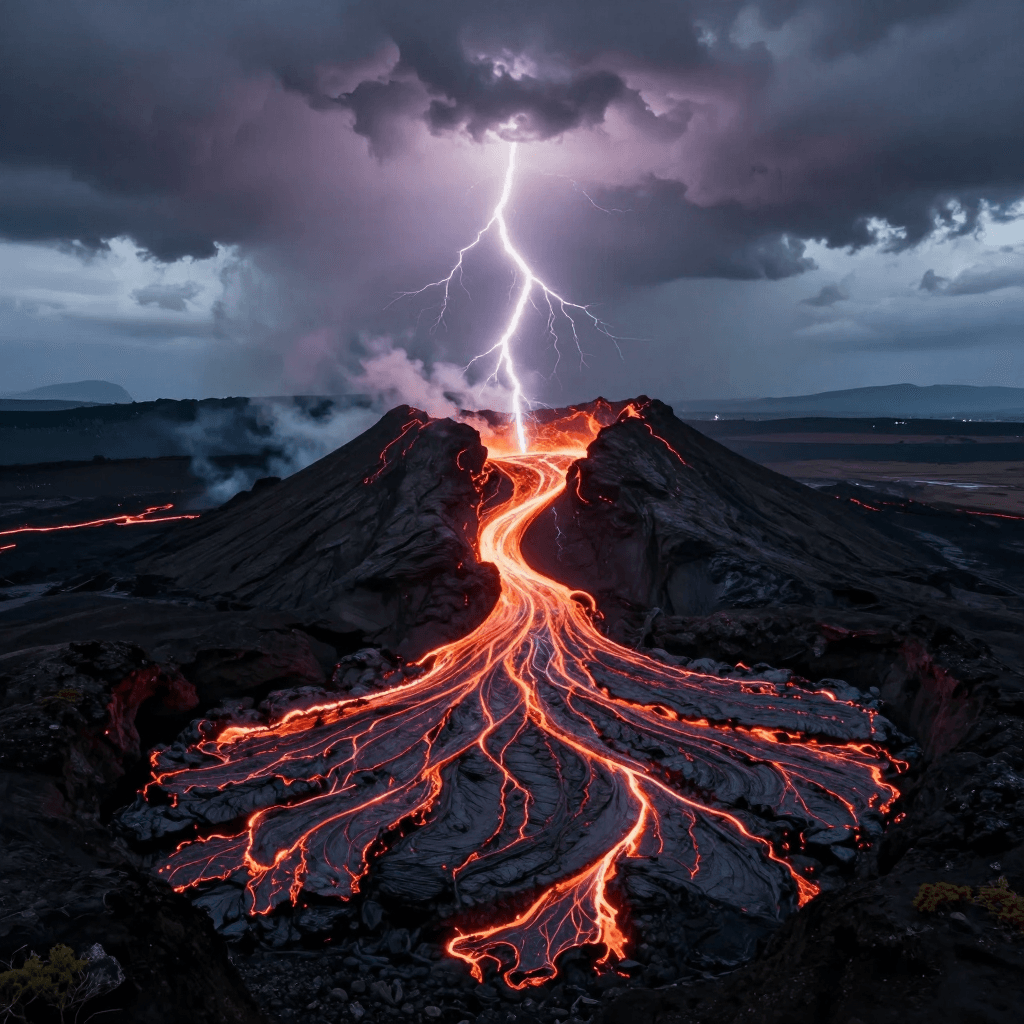 용암이 흐르는 화산 지대와 번개