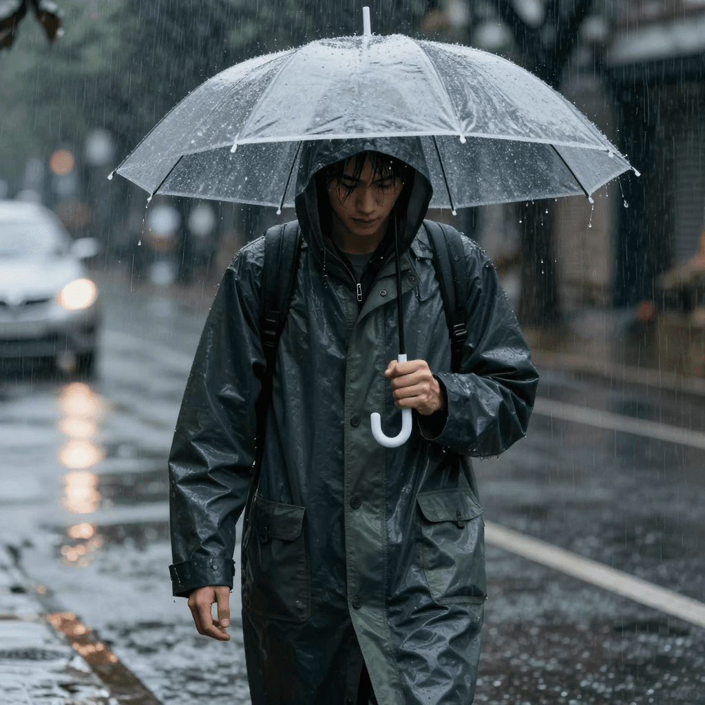 우비를 입고 비를 맞는 사람