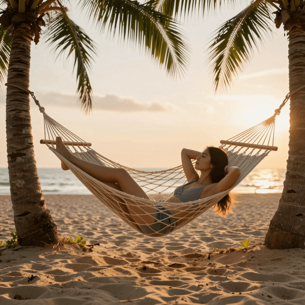 노을 지는 해변가 야자수 아래의 해먹