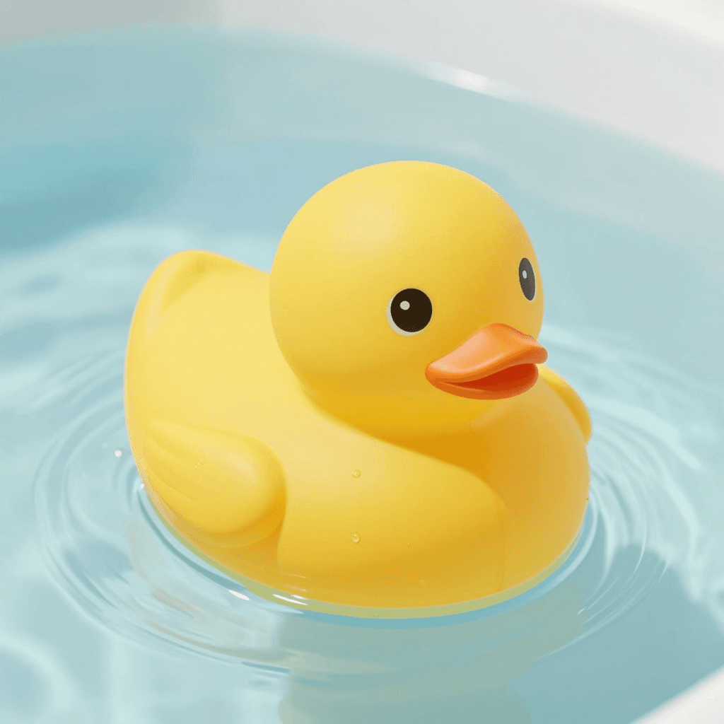 목욕물 위에 둥둥 떠 있는 노란 고무 오리