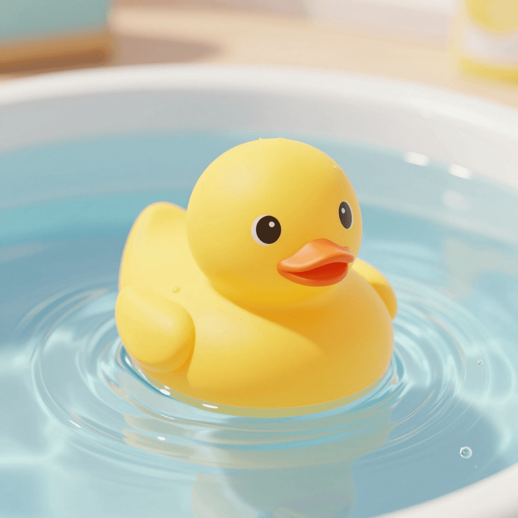 목욕물 위에 둥둥 떠 있는 노란 고무 오리