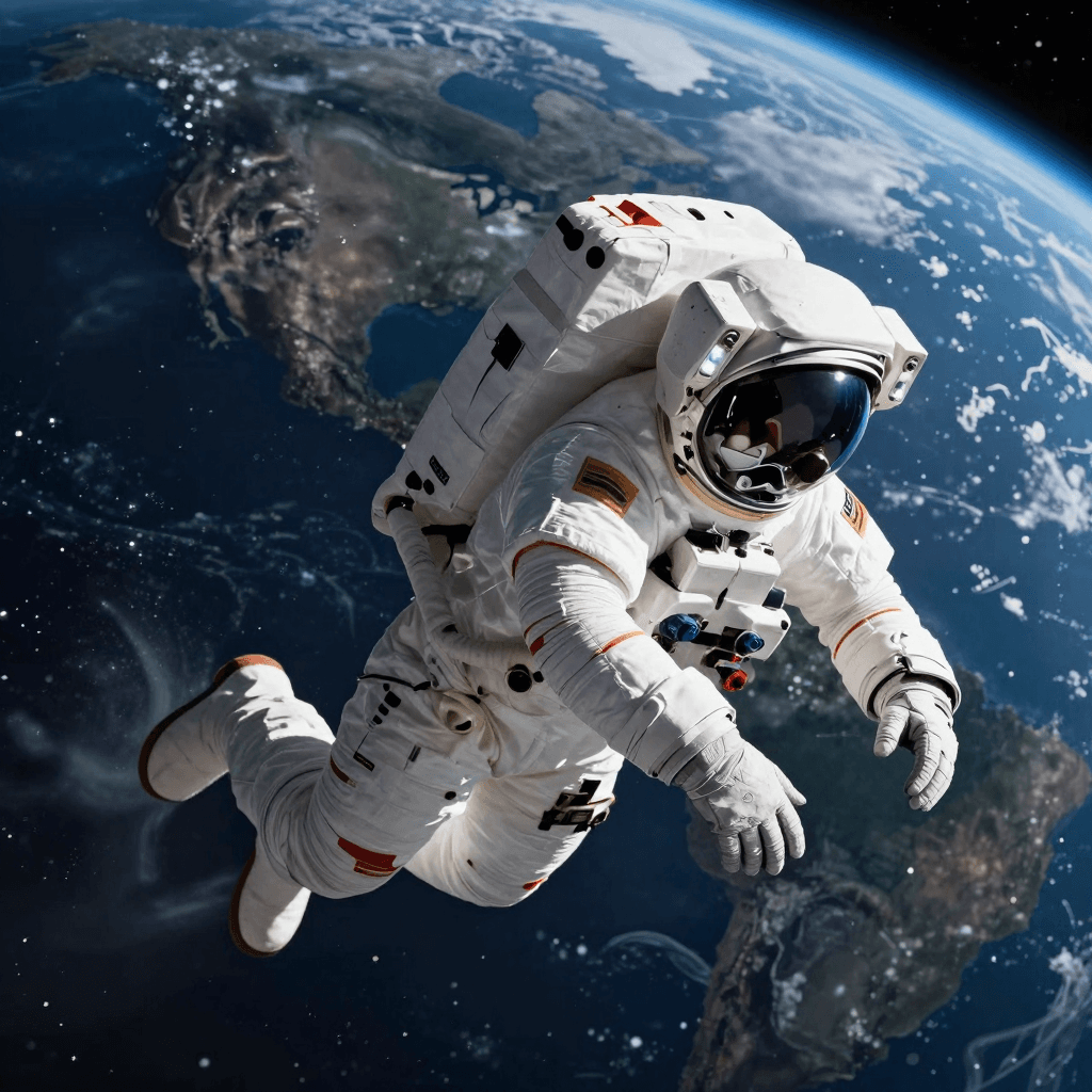 지구 배경의 심우주를 유영하는 우주비행사