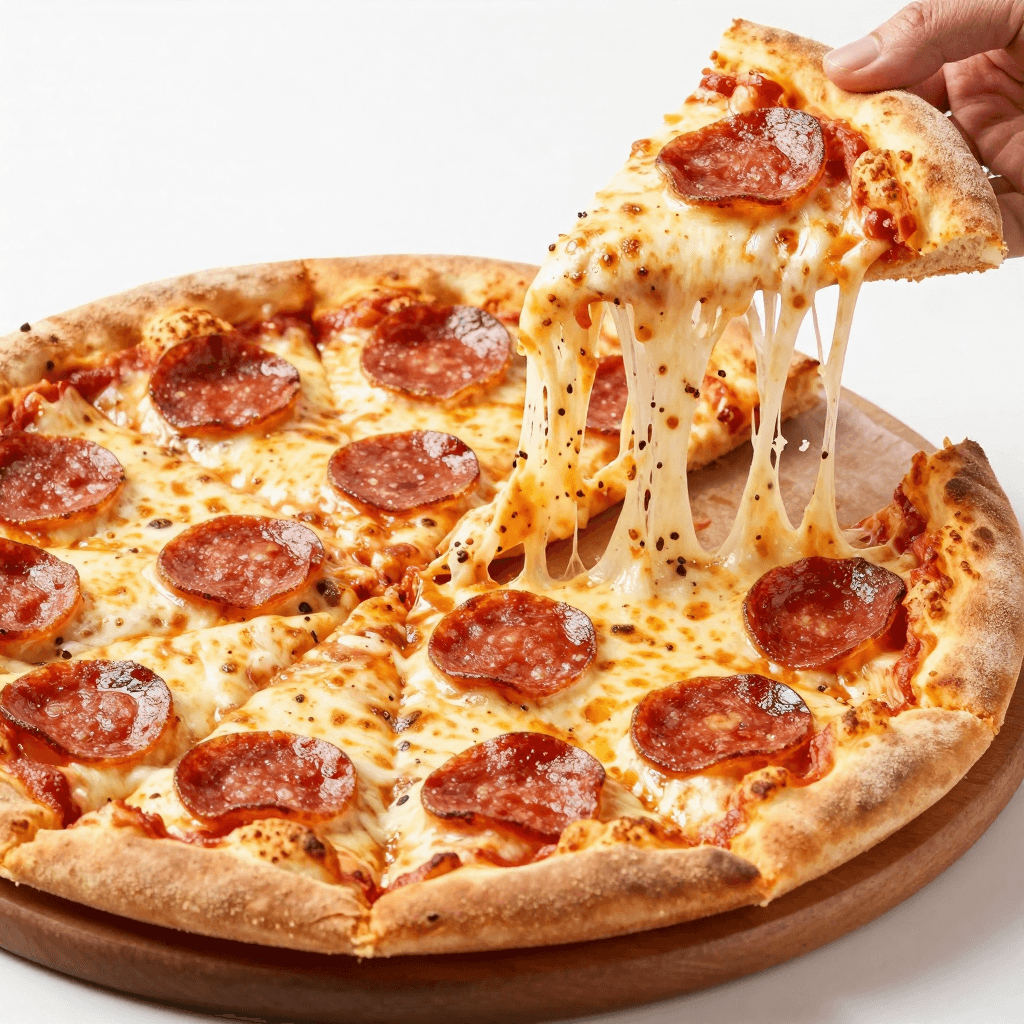 치즈가 길게 늘어나는 페퍼로니 피자 광고 사진