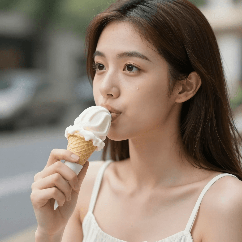바닐라 아이스크림을 먹는 소녀