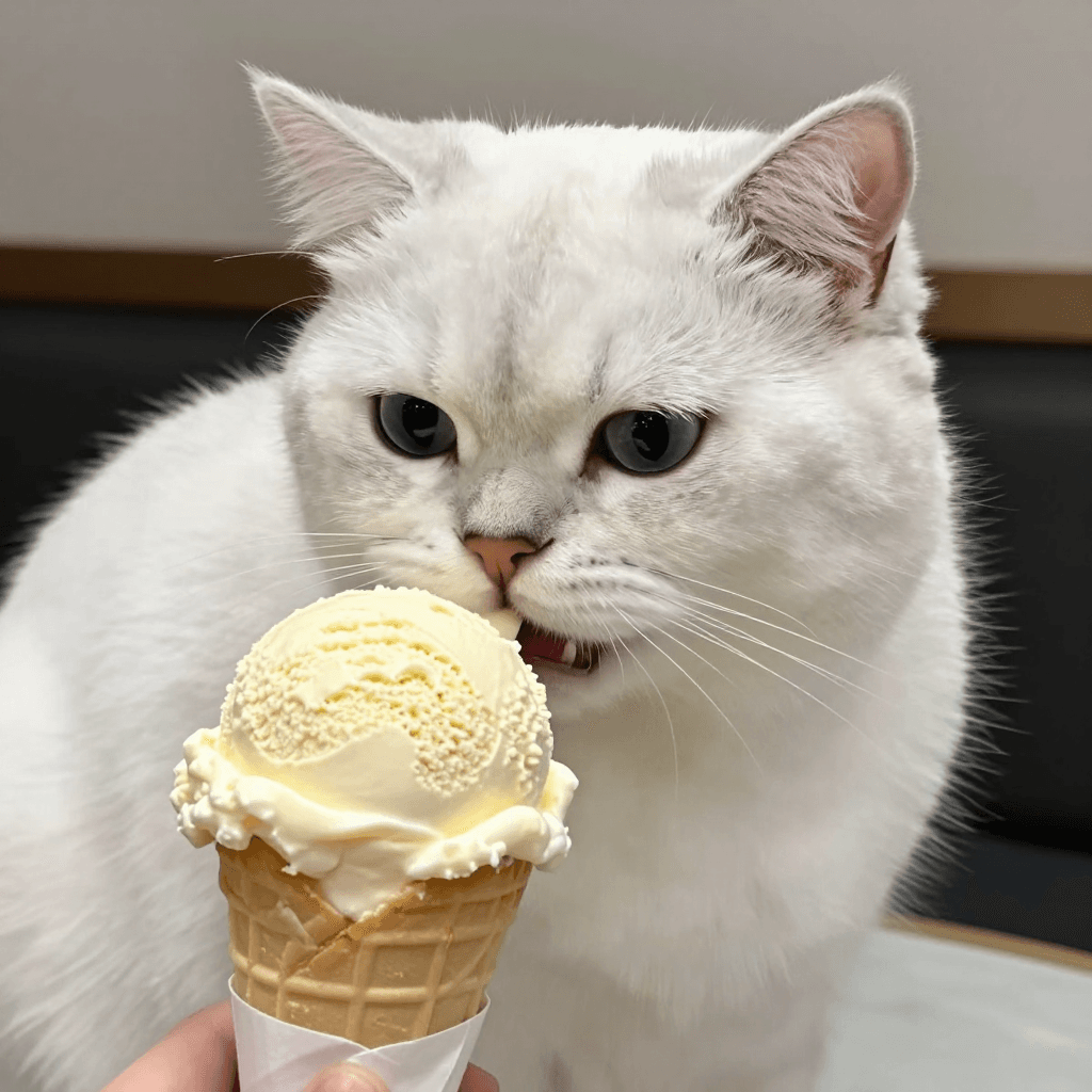 아이스크림을 먹는 흰색 고양이