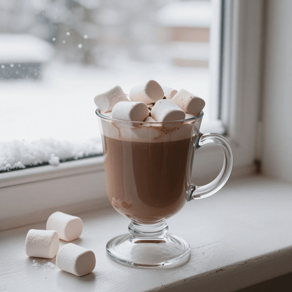 눈 오는 창가에 놓인 마시멜로 핫초코