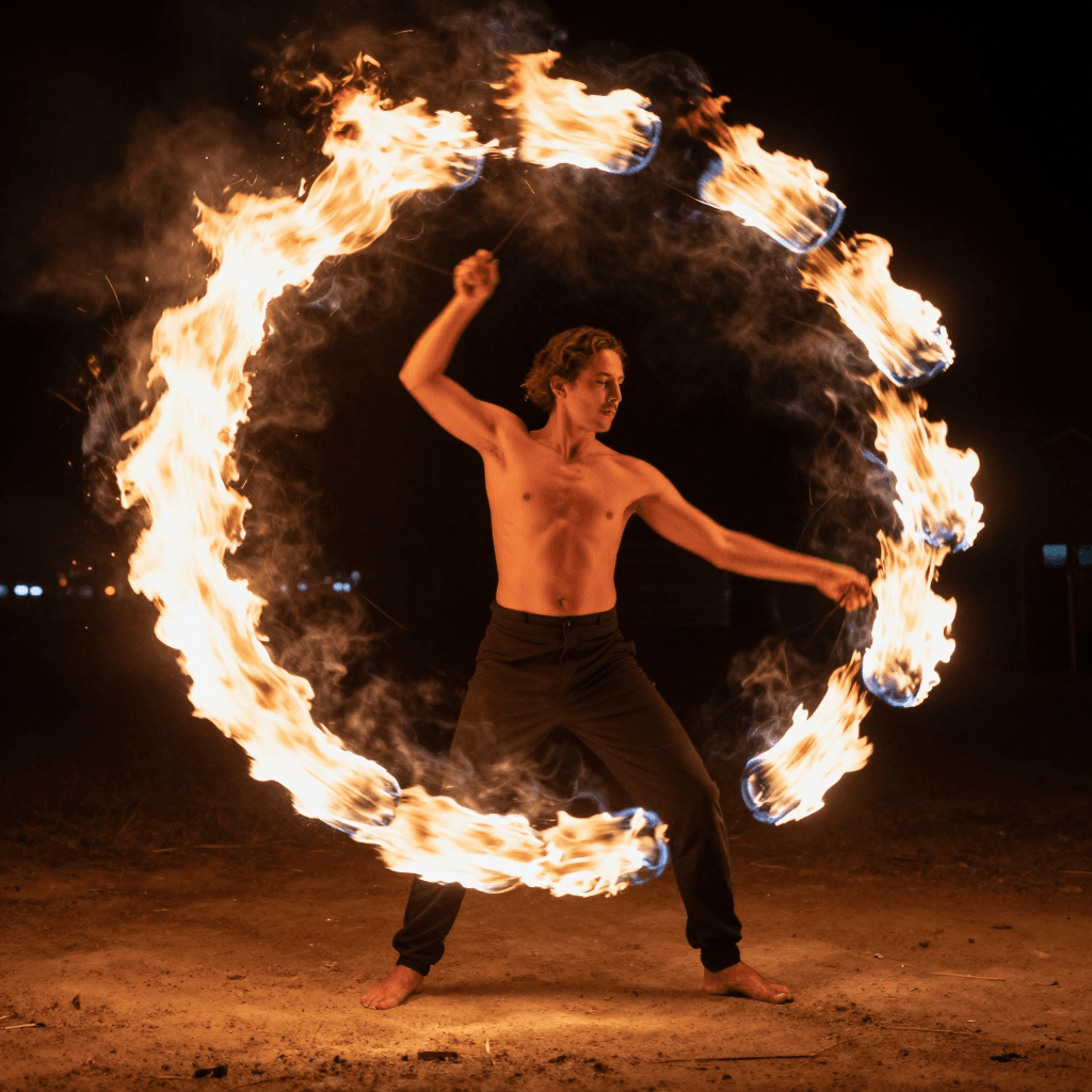 장노출로 촬영한 파이어 댄서의 불꽃 궤적