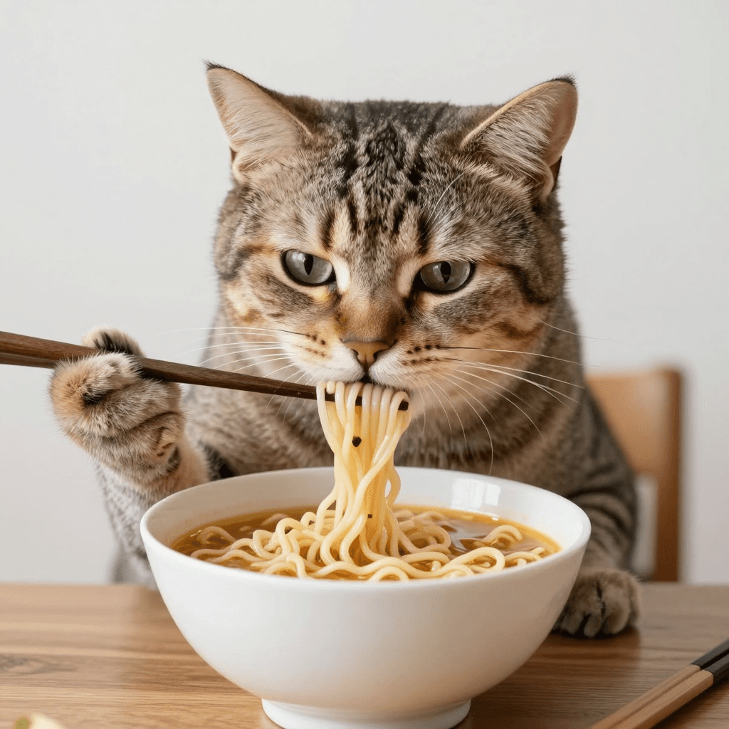 맛있는 라면을 먹는 고양이