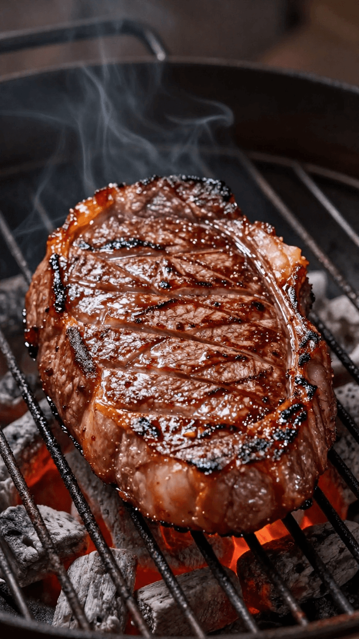 숯불 위에서 맛있게 익어가는 스테이크