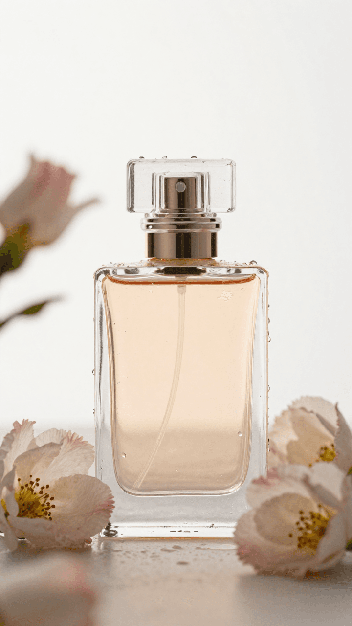 꽃과 물방울에 둘러싸인 향수병 광고 사진