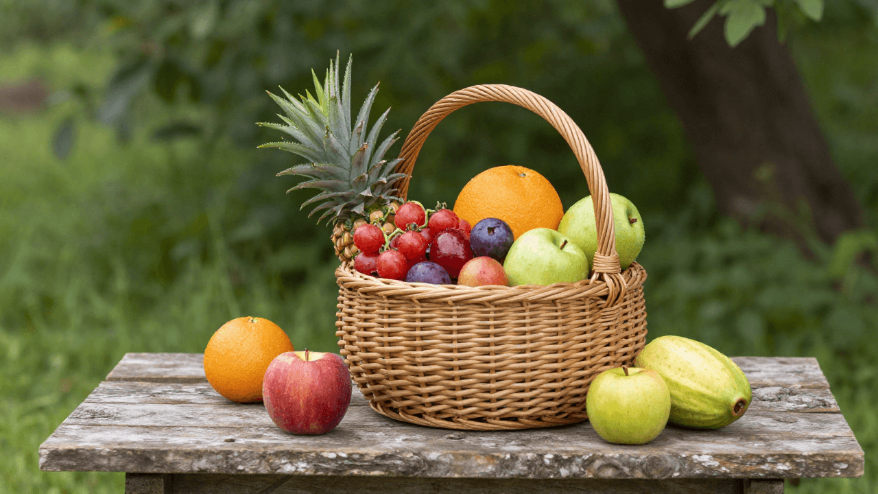 나무 탁자 위 신선한 과일 바구니 정물화