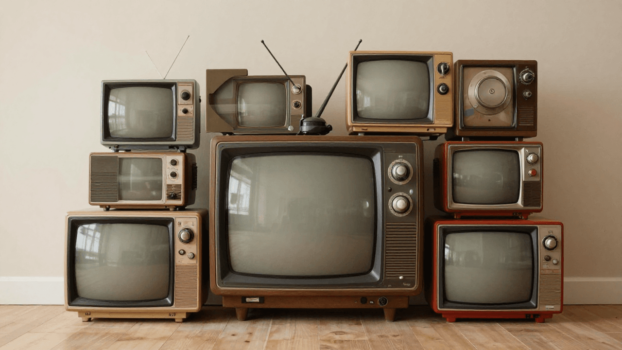 브라운관 TV들이 쌓여 있는 레트로 설치 미술